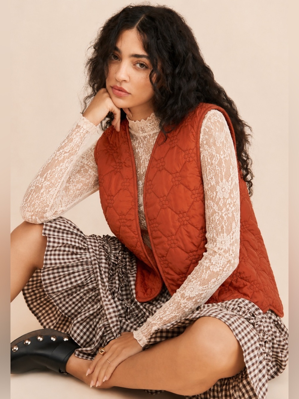 SHEIN Rust Orange Quilted Floral Stitch Boho Vest Small